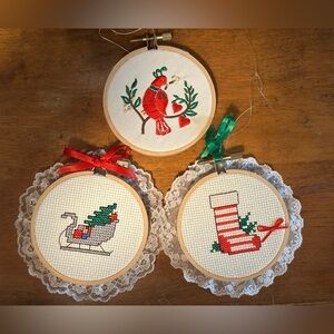 VTG Handmade Cross Stitch Christmas Ornament Set 3 Cardinal Stocking Sleigh 1985